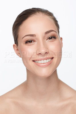 Buy stock photo Portrait, skincare and woman with cosmetics, beauty and happiness isolated against a white studio background. Face, female person and girl with salon treatment, grooming and luxury with dermatology