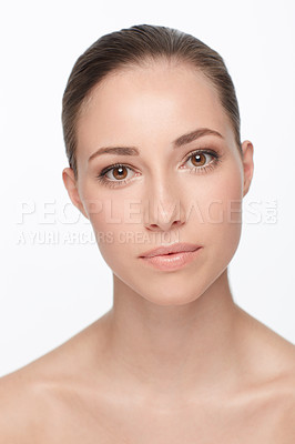 Buy stock photo Woman, skincare and studio portrait for natural beauty glow or wellness results, cosmetics or luxury routine. Female person, healthy and face white background for shine, dermatology or clean facial