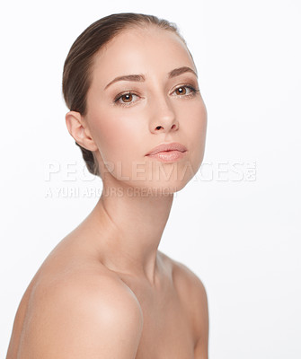 Buy stock photo Woman, studio and skincare portrait or natural beauty results for cosmetic health spa, confident or makeup. Female model, face or dermatology fresh treatment on white background, soft or glow shine