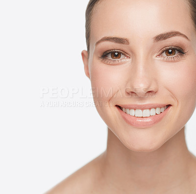 Buy stock photo Portrait, beauty and woman with cosmetics, skincare or confident girl isolated against white studio background. Face, female person or model with a smile, grooming or salon treatment with dermatology