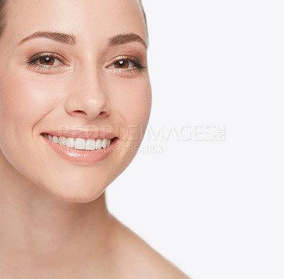 Buy stock photo Smile, dental care and portrait of a woman with skincare isolated on a white background in studio. Happy, face and a young model showing teeth for oral hygiene with grooming for care of skin