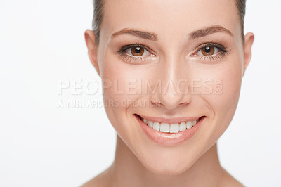 Buy stock photo Portrait of a beautiful smiling woman isolated on white