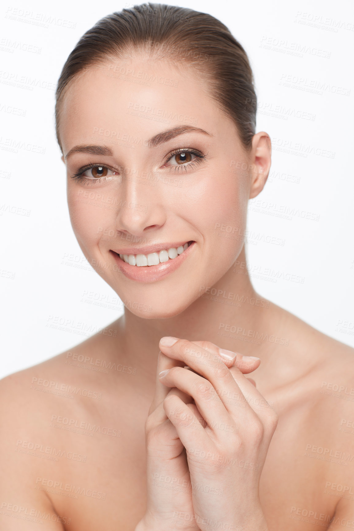 Buy stock photo Portrait, skincare and smile with natural woman in studio isolated on white background for spa facial. Face, beauty or aesthetic and happy young model looking satisfied with wellness treatment