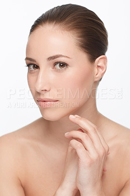 Buy stock photo Portrait, beauty and facial with natural woman in studio isolated on white background for wellness treatment. Face, skincare aesthetic and confident young model at spa for cosmetics or dermatology