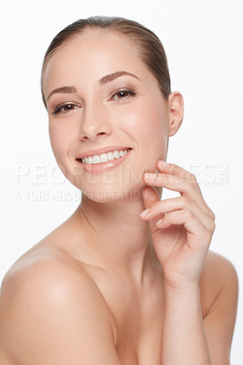 Buy stock photo Portrait, skincare and woman with beauty, luxury and happy girl isolated against a white studio background. Face, female person or model with dermatology, salon treatment and grooming with confidence