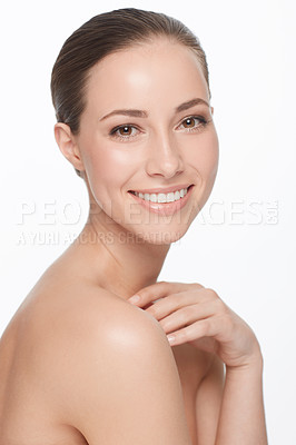 Buy stock photo Portrait, smile and woman with beauty, dermatology and confident girl isolated against a white studio background. Face, female person and model with skincare, salon treatment and grooming with luxury