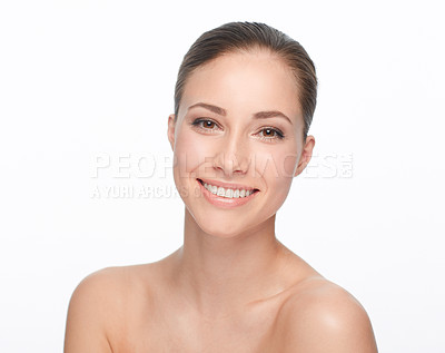 Buy stock photo Woman, skincare or studio for shine portrait beauty or cosmetic peel, glow or smile. Model face, clean natural detox or facial exfoliate wellness results, collagen shine hydration on white background