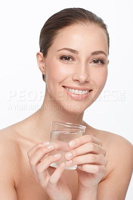 Buy stock photo Woman, face and skincare for beauty, water for health and wellness, dermatology and self care on white background. Portrait, hydration and h2o in glass for skin and natural cosmetics in studio