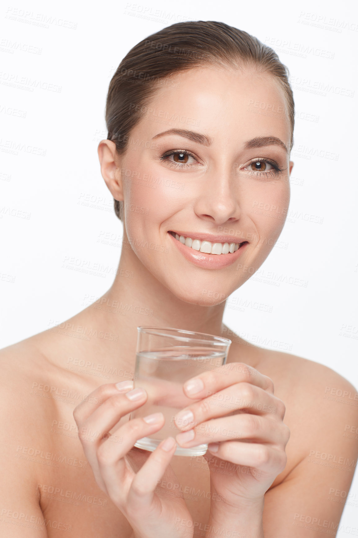 Buy stock photo Woman, face and skincare for beauty, water for health and wellness, dermatology and self care on white background. Portrait, hydration and h2o in glass for skin and natural cosmetics in studio