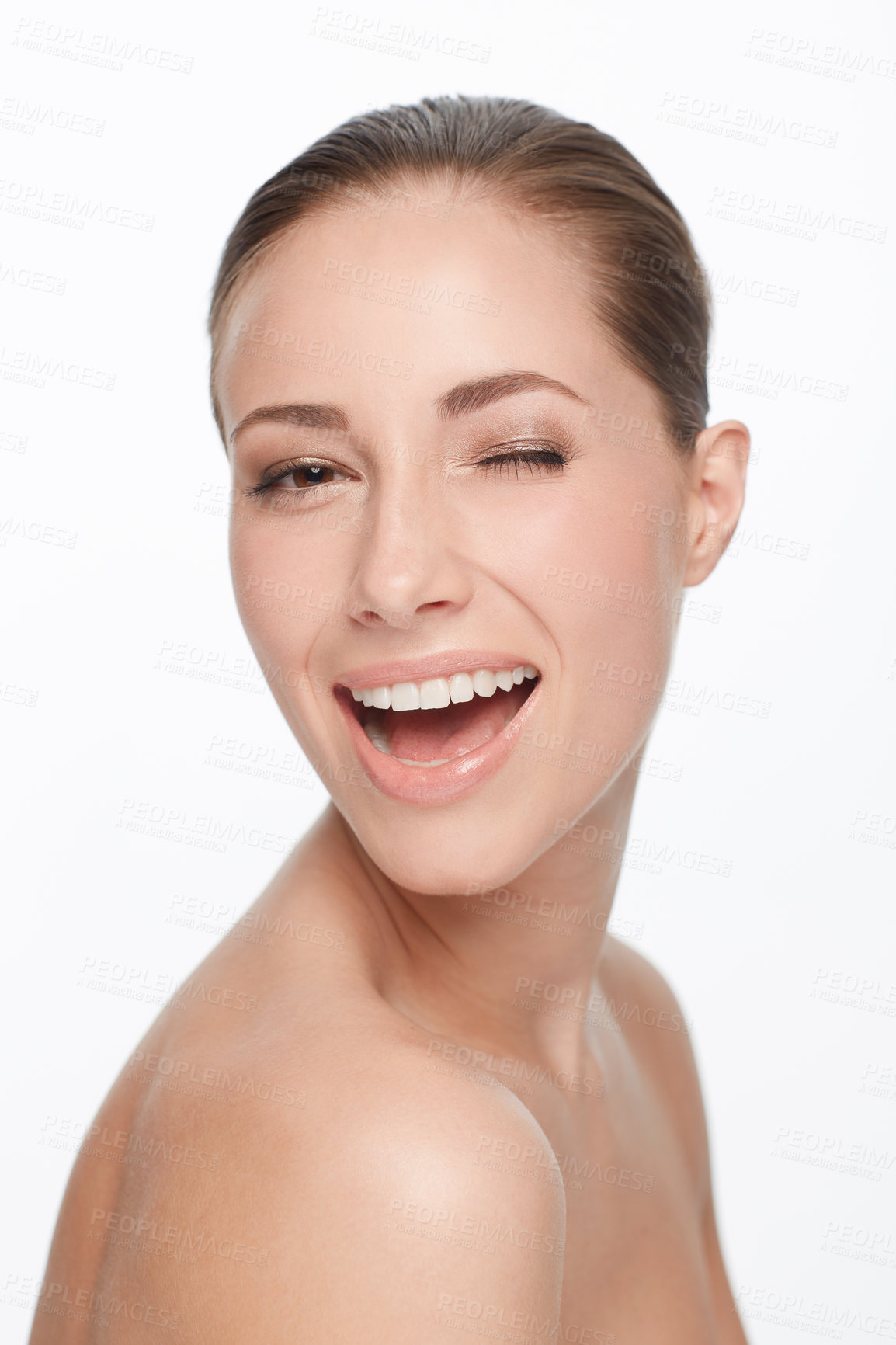 Buy stock photo Portrait, smile and woman wink for skincare, flirt or natural beauty isolated on white studio background. Face, blink and happy model in cosmetics excited for spa facial treatment for healthy skin