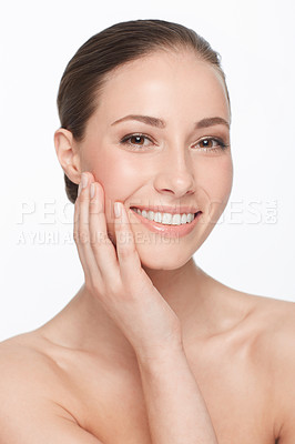 Buy stock photo Woman, touching face and skincare, beauty and natural cosmetics with dermatology on white background. Hands, skin and self care, clean facial and wellness, model in portrait with glow in studio