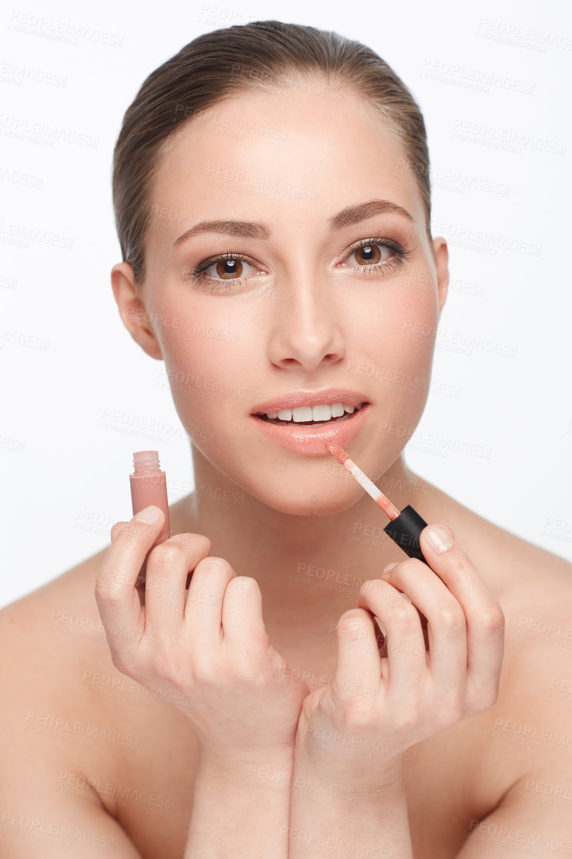 Buy stock photo Woman, face and lipstick or makeup and beauty with gloss, shine and cosmetology on white background. Hands, portrait and cosmetic product for lips, change or transformation in studio with wellness