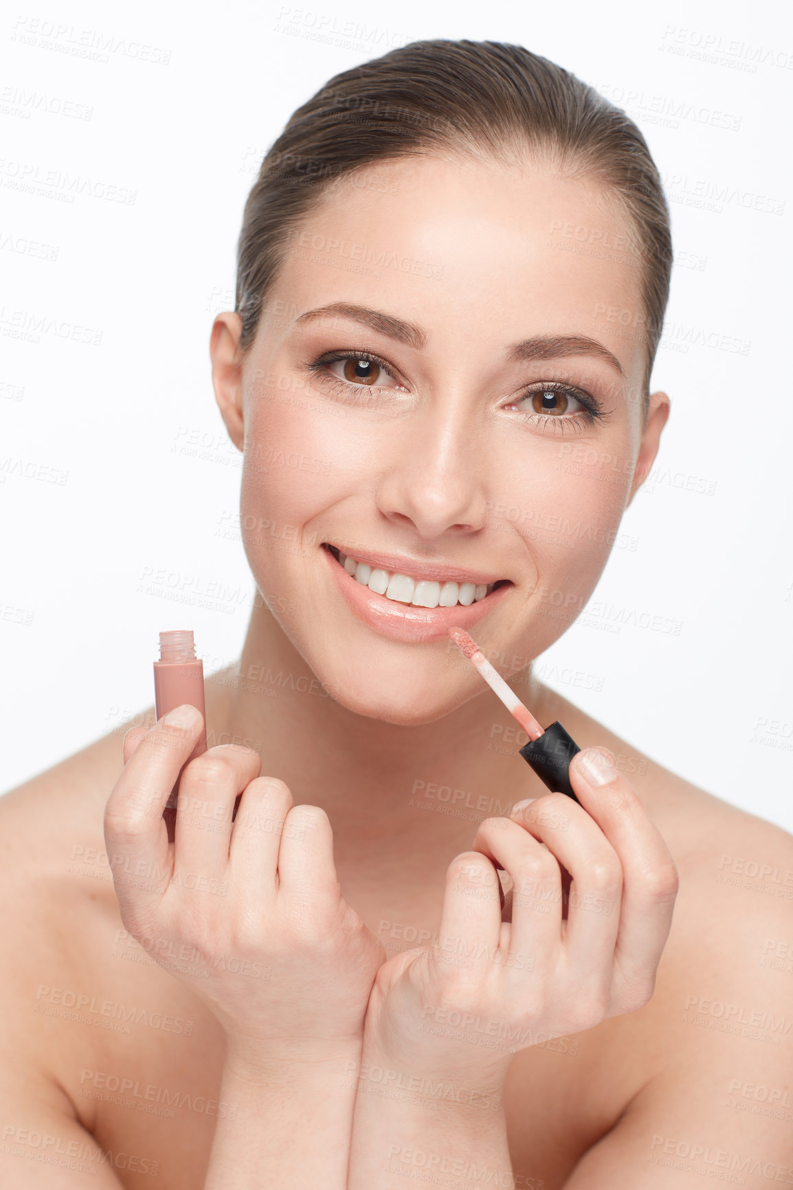 Buy stock photo Woman, lipstick and makeup in portrait for shine, beauty with gloss and cosmetology on white background. Hands, face and cosmetic product for lips, change or transformation in studio with wellness