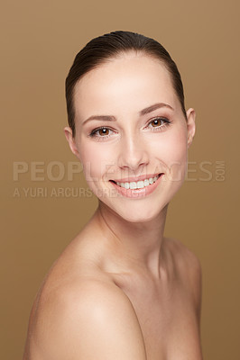 Buy stock photo Portrait, mockup and woman with cosmetics, makeup and wellness against a brown studio background. Face, female person and model with happiness, luxury and salon treatment with beauty and aesthetics