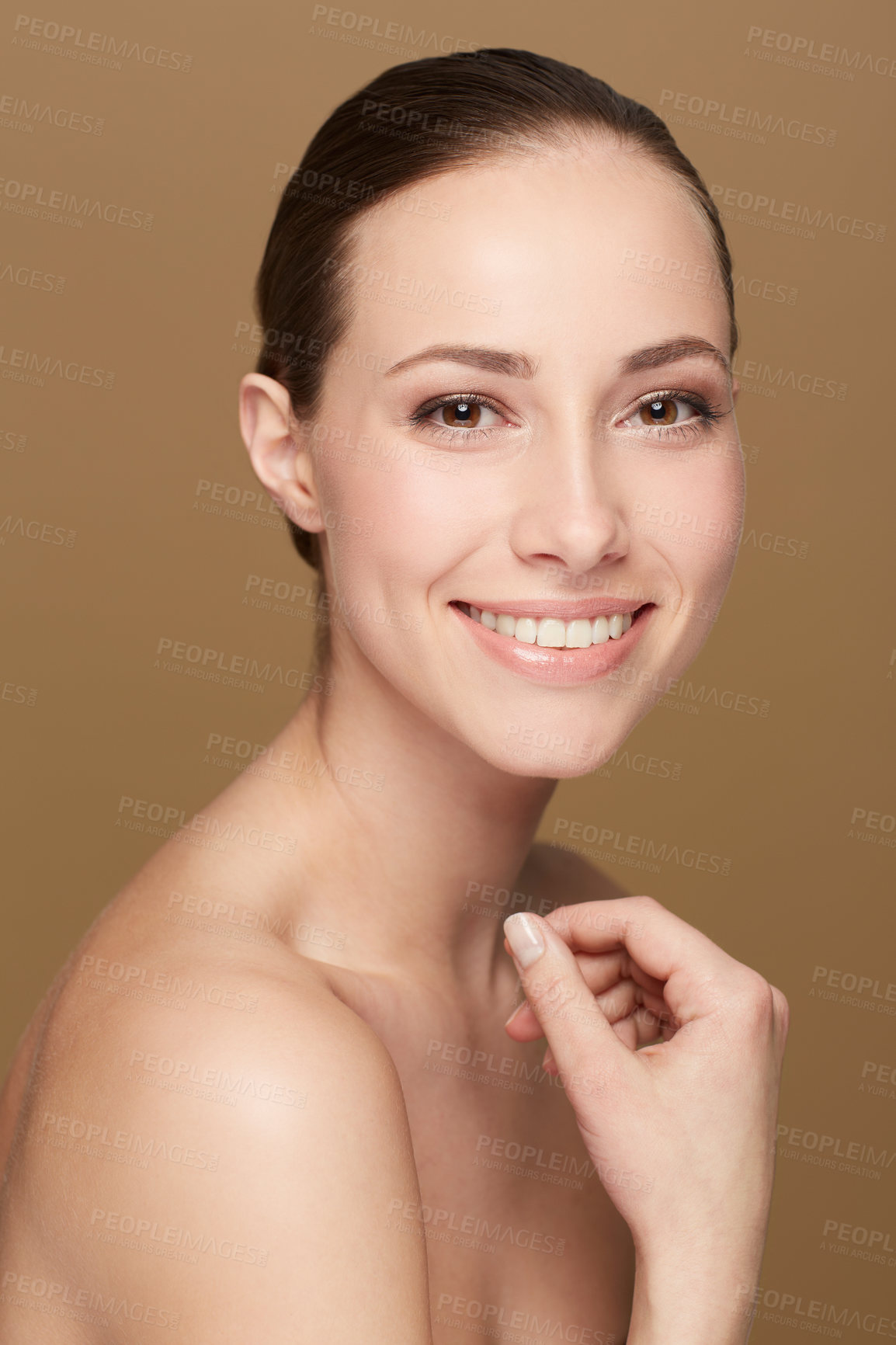 Buy stock photo Portrait, smile and woman with beauty, dermatology and grooming against a brown studio background. Face, female person and happy model with cosmetics, organic facial and salon treatment with skincare