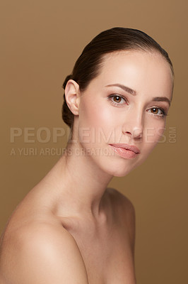 Buy stock photo Skincare, beauty or portrait of natural woman in studio isolated on brown background for pride or wellness. Smooth face, body cosmetics or confident model or healthy female person with shine or glow