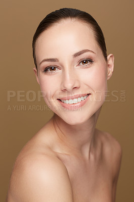 Buy stock photo Portrait, smile and woman with dermatology, cosmetics and beauty against a brown studio background. Face, female person and model with skincare, salon treatment and luxury with wellness and self care