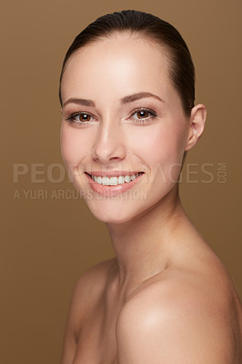 Buy stock photo Portrait, beauty and woman with a smile, dermatology and skincare against brown studio background. Face, female person or model with wellness, bare and cosmetics with confidence, luxury and soft skin