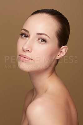 Buy stock photo Skincare, glow or portrait of natural model in studio isolated on brown background for pride or wellness. Smooth face, body cosmetics or confident woman or healthy female person with shine or beauty