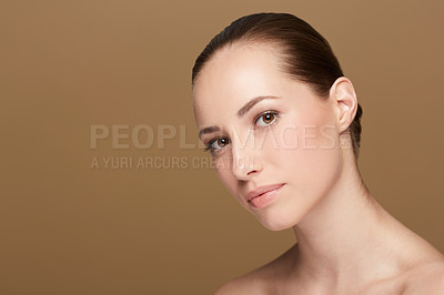 Buy stock photo Skincare, space or portrait of natural model in studio isolated on brown background for pride or wellness. Smooth face, cosmetics or confident woman or healthy person with shine or beauty mockup