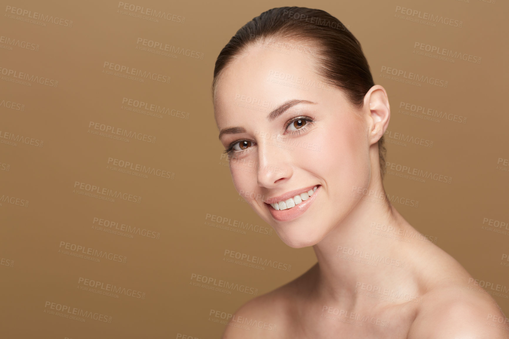 Buy stock photo Mockup, portrait and woman with beauty, dermatology and confident against a brown studio background. Face, female person and girl with cosmetics, skincare and luxury with salon treatment and wellness