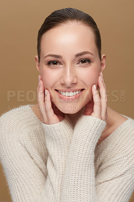 Buy stock photo Winter, beauty or portrait of natural woman in studio isolated on brown background for fashion or wellness. Face, skincare and relax with confident model or happy person in wool jersey or sweater
