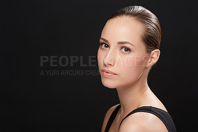 Buy stock photo Model, confident and portrait in studio for spa cosmetology and beauty treatment for cosmetic in mockup. Woman, face or skincare with collagen for results, healthy body or make up on black background