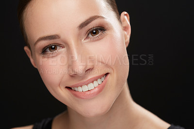 Buy stock photo Woman, closeup and portrait in studio with cosmetics, happiness and beauty results of cosmetology in mockup. Model, face and skincare with retinol for glow, collagen and make up on black background