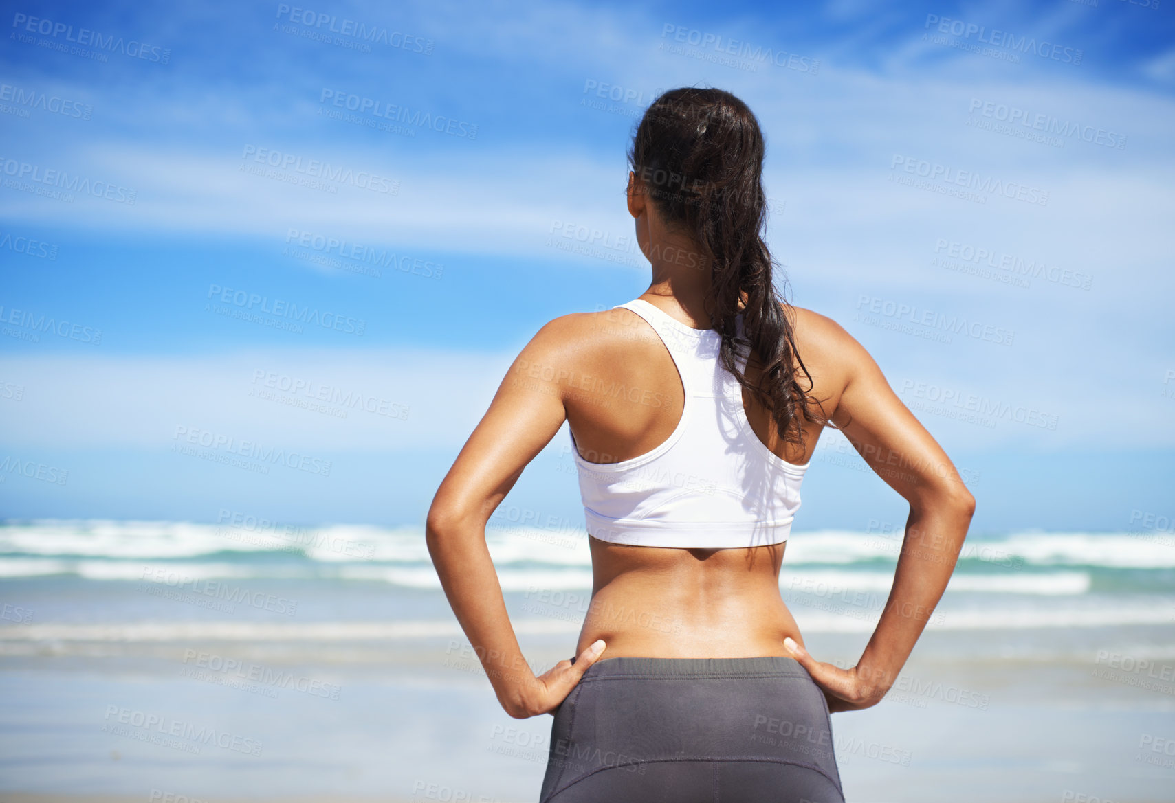 Buy stock photo Back, beach and woman with fitness, vacation and training with summer break or sunshine with water. Person, seaside or runner with workout or practice with fresh air or athlete with wellness or waves