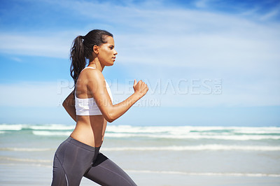 Buy stock photo Fitness, Indian or woman on beach running for exercise, training or outdoor workout at sea. Sports person, runner or healthy athlete in nature for cardio endurance, wellness or challenge on sand 