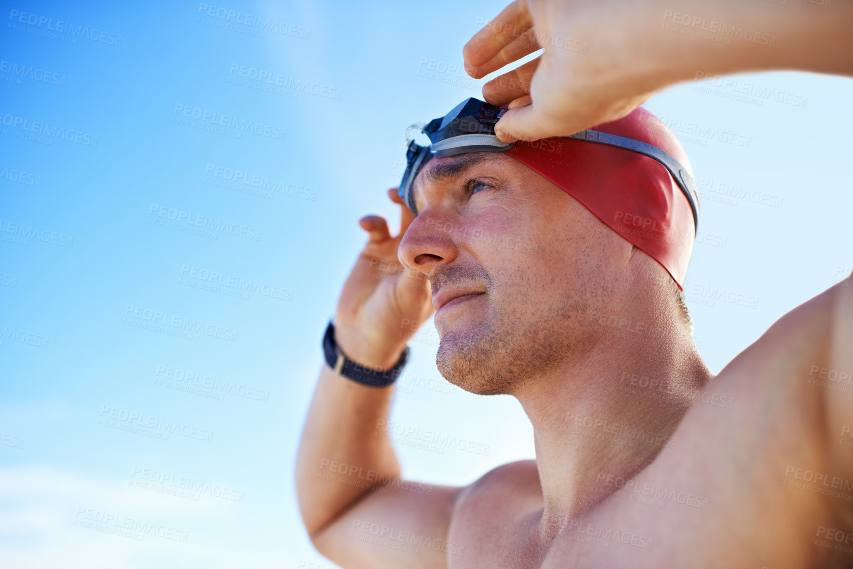 Buy stock photo Beach, goggles and man with holiday, cap and swimmer with adventure and summer break with getaway trip. Person, athlete and player with protection and seaside with sunshine and fitness with wellness