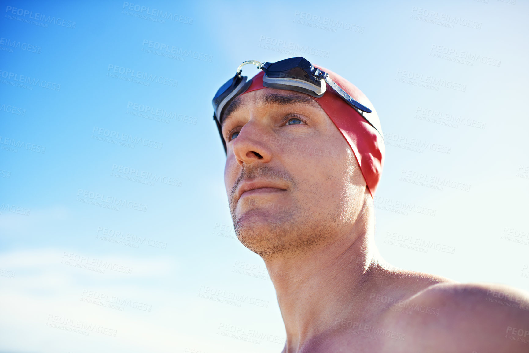Buy stock photo Swimming, goggles and man with thinking, cap and swimmer with wellness and summer break with getaway trip. Person, beach or athlete with protection and seaside with sunshine and fitness with vacation