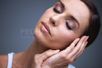 Buy stock photo Calm woman, skincare and beauty makeup in cosmetics or facial treatment on gray studio background. Face of female person or model in relax or satisfaction for eye shadow or foundation on mockup space