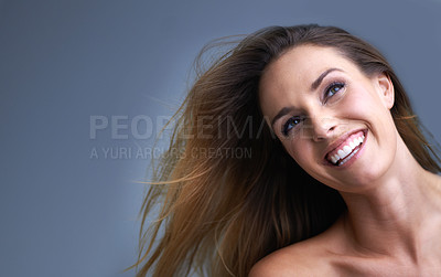 Buy stock photo Hair, mockup and happy woman in studio with cosmetics, shampoo or treatment results on grey background. Haircare,  beauty or model with growth, shine or texture satisfaction or clean scalp confidence