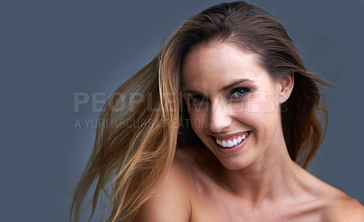 Buy stock photo Hair, portrait or happy woman in studio with cosmetic, shampoo or beauty results on grey background. Haircare, face or lady model with growth, shine or texture satisfaction or clean scalp confidence