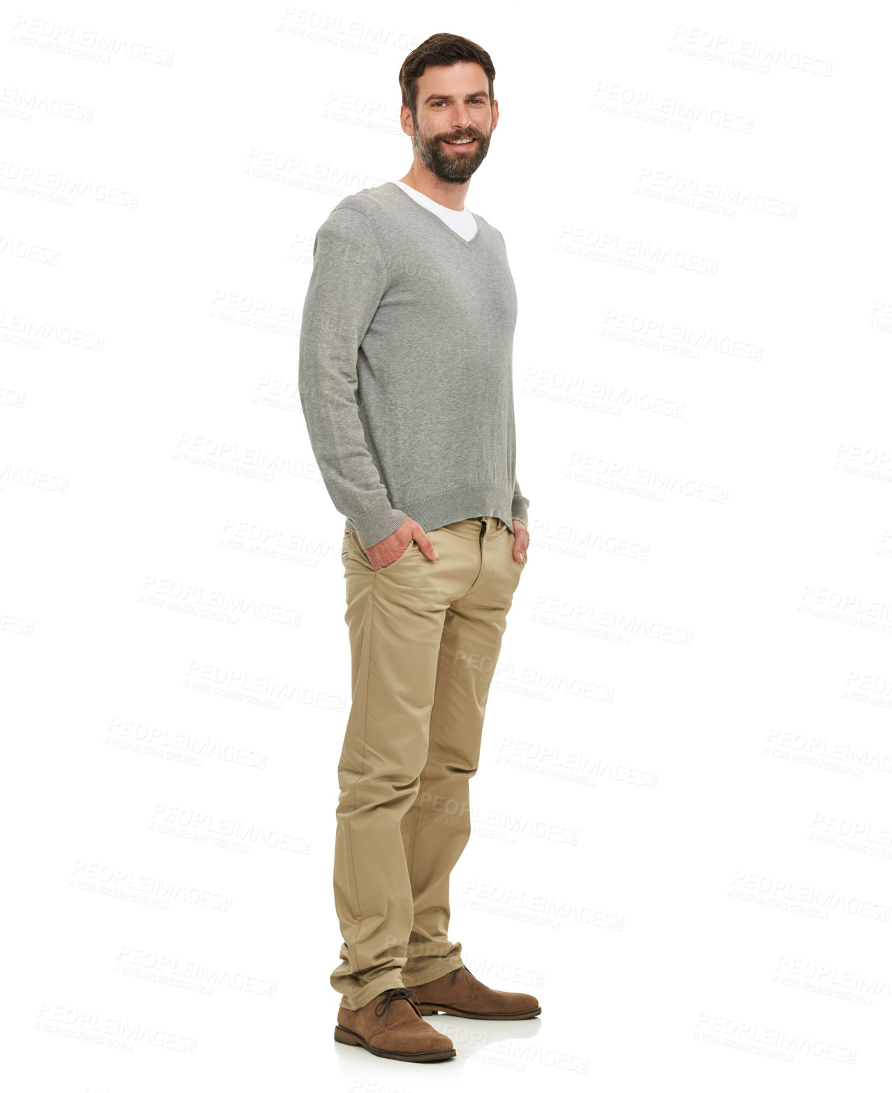 Buy stock photo Happy, portrait and cool man in studio with casual clothes for fashion in V neck pullover top, pants and confidence. Young model or person from the USA with relaxed style and on a white background