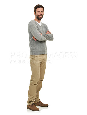 Buy stock photo Happy, man and portrait with arms crossed in studio with casual fashion, confidence and mock up space. Person, model and face with smile, pride and calm expression for edgy outfit on white background