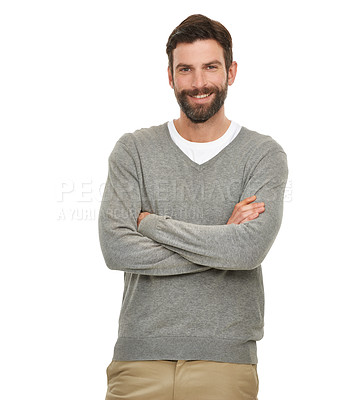 Buy stock photo Fashion, man and portrait with arms crossed in studio with casual style, confidence and good mood. Person, model and face with smile, pride and calm expression for edgy outfit on white background