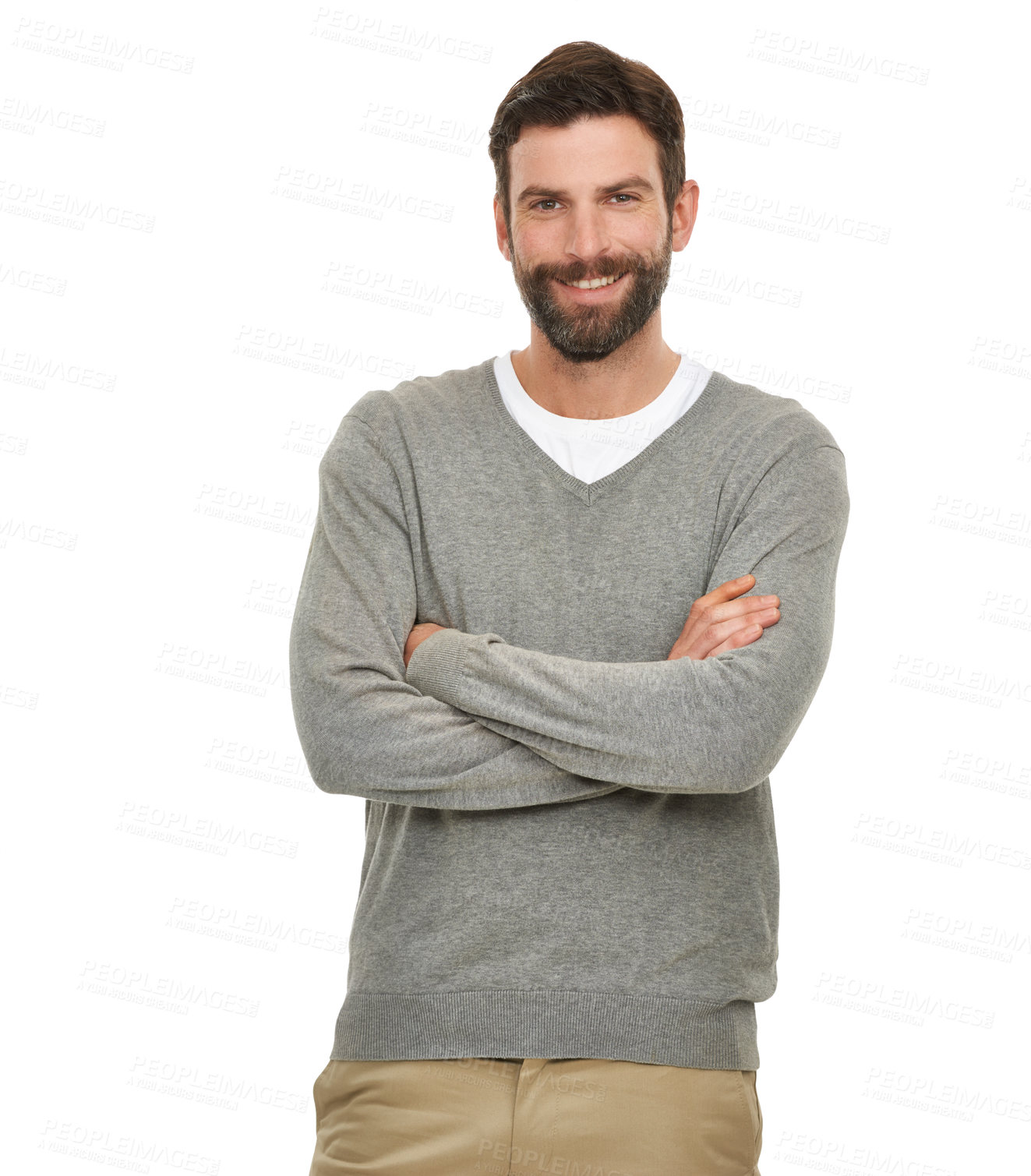 Buy stock photo Fashion, man and portrait with arms crossed in studio with casual style, confidence and good mood. Person, model and face with smile, pride and calm expression for edgy outfit on white background