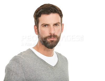 Buy stock photo Serious, portrait and man in studio with casual clothes for fashion in V neck pullover top, beard and headshot. Face of a young model or person from the USA with relaxed style on a white background