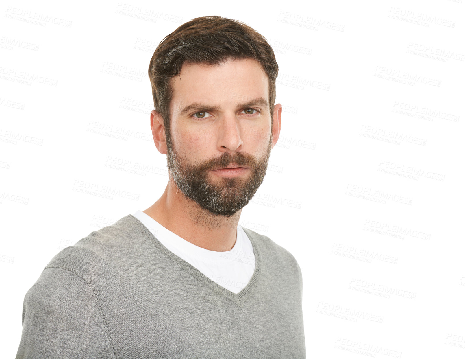 Buy stock photo Serious, portrait and man in studio with casual clothes for fashion in V neck pullover top, beard and headshot. Face of a young model or person from the USA with relaxed style on a white background