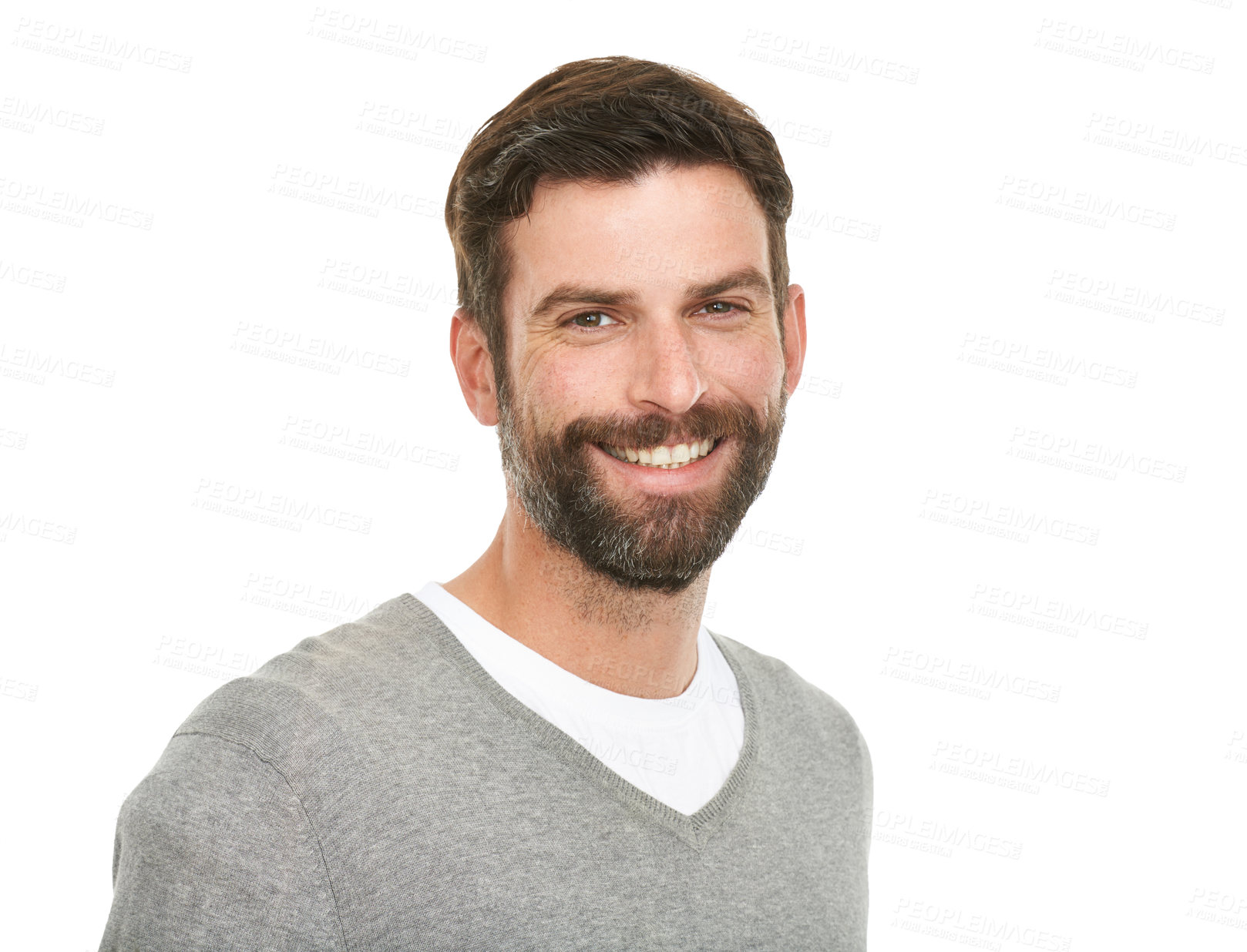 Buy stock photo Portrait, smile and fashion with man, joy and confident guy isolated on a white studio background. Face, person and model with happiness and mockup space with geek and funny with humor and laughing