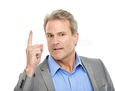 Buy stock photo Angry, business man and portrait with pointing from problem and work mistake in a studio. Mature, sales manager and boss with stress from management issue and frustrated with white background