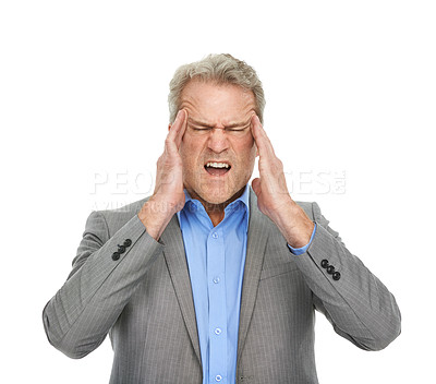 Buy stock photo Angry, business man and headache with pain from burnout and work mistake in a studio. Mature, sales manager and mental health with stress from management issue and frustrated with white background