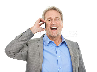 Buy stock photo Business, man and phone call in studio laughing for communication, feedback and happy news. Portrait of mature, corporate person listening on mobile for chat with wow or excited on a white background