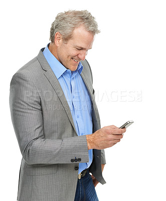Buy stock photo Business, phone and man in studio reading, typing or search for information in stock market, trading or investment news. Mature corporate person with mobile for communication on a white background