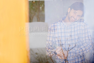 Buy stock photo Phone, window and man with portrait in the morning ready to start the day with dressing routine. Communication, smile and businessman at home with networking conversation, smile and tech in a house 