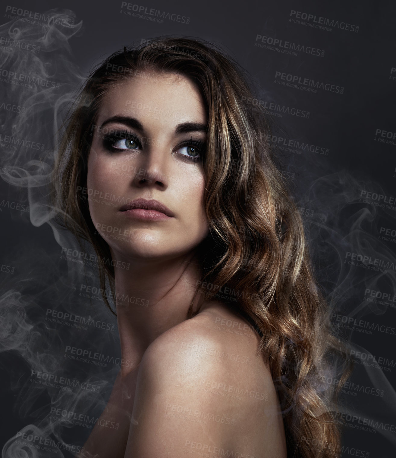 Buy stock photo Woman, thinking and makeup, beauty and smoke with hair, cosmetics and balayage on grey background. Serious model, edgy with haircare and vapor, cosmetology and dream with mist or fog in studio