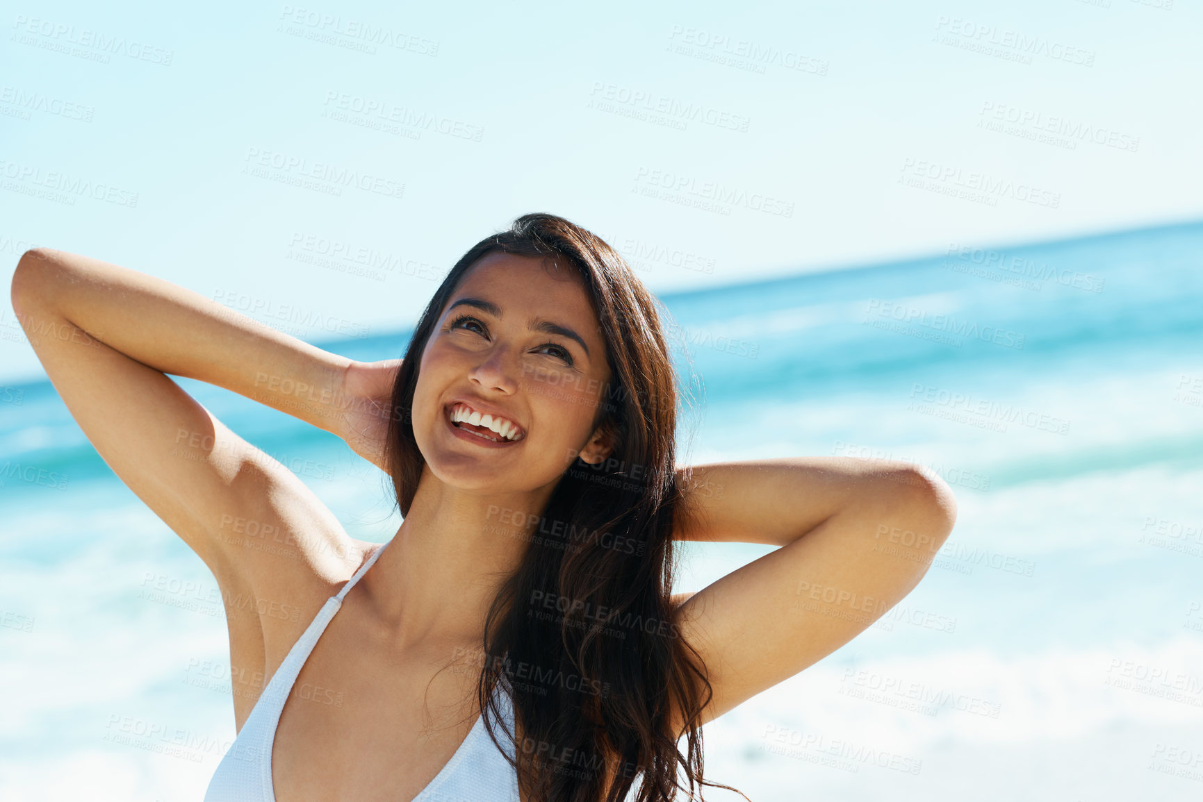 Buy stock photo Woman, ocean and thinking in bikini with smile, outdoor and relax on holiday in summer with nature. Girl, person and happy with ideas, vision and adventure by tropical vacation with waves in Naples