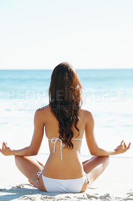 Buy stock photo Woman, meditation and zen on beach for spiritual wellness, awareness or yoga in nature. Rear view of female person or yogi meditating for inner peace, breathing or health by ocean coast on mockup